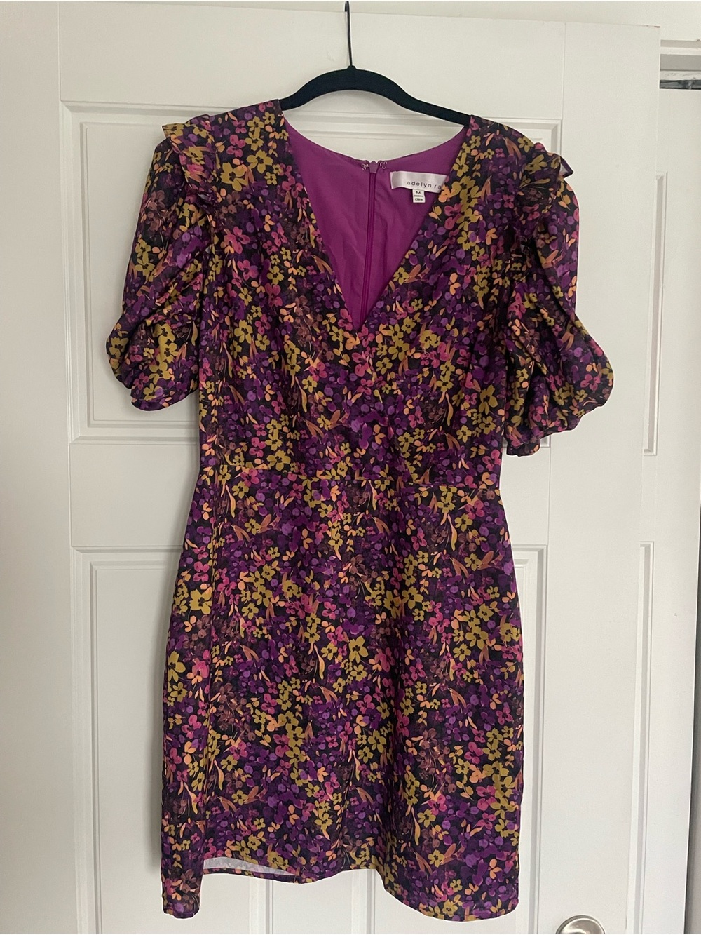 Adelyn Rae Purple Floral V-Neck Puff-Sleeve Mini Dress